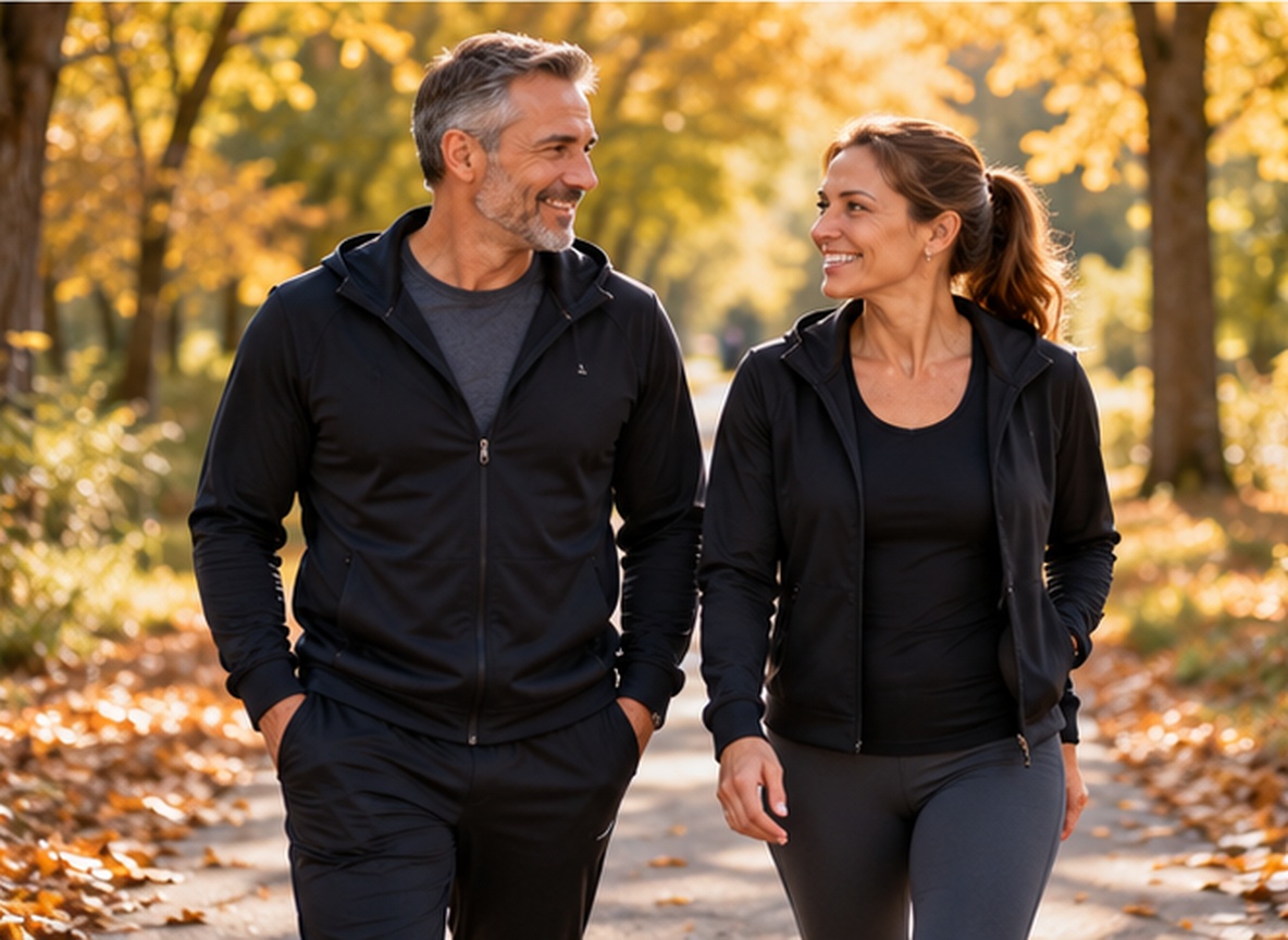 Couple in their early 50s walking a tree-lined path on an autumn morning