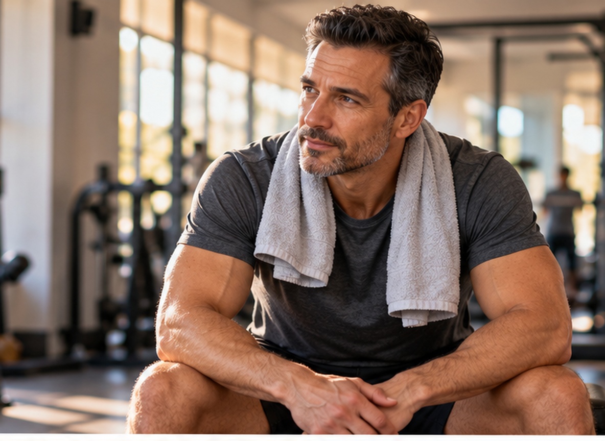 Man in his mid-40s resting between sets in a gym, towel over his shoulders