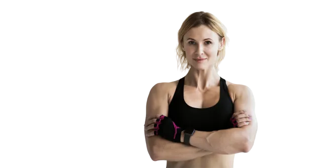 Fit woman in athletic wear with arms crossed, representing HGH therapy