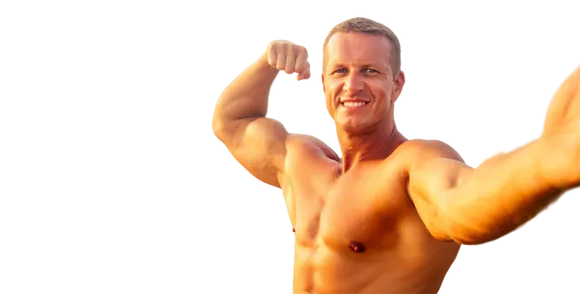 Muscular man flexing on a beach, representing testosterone replacement therapy