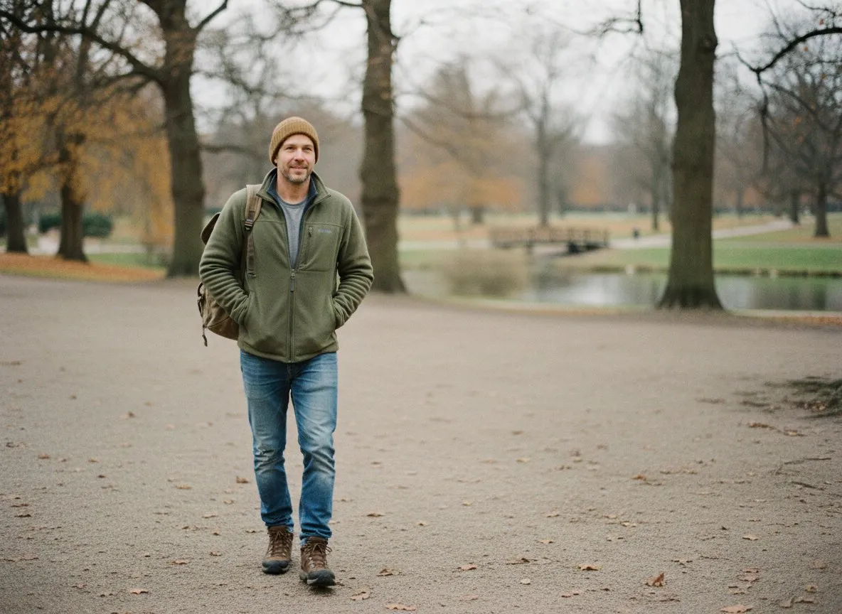 Man walking through a park in autumn