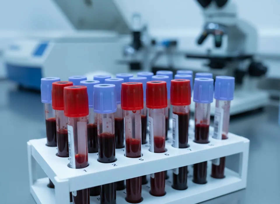 Blood sample tubes in a lab rack, the first step in a medically supervised weight loss plan