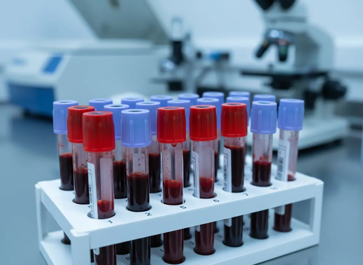 Blood sample tubes in a lab rack