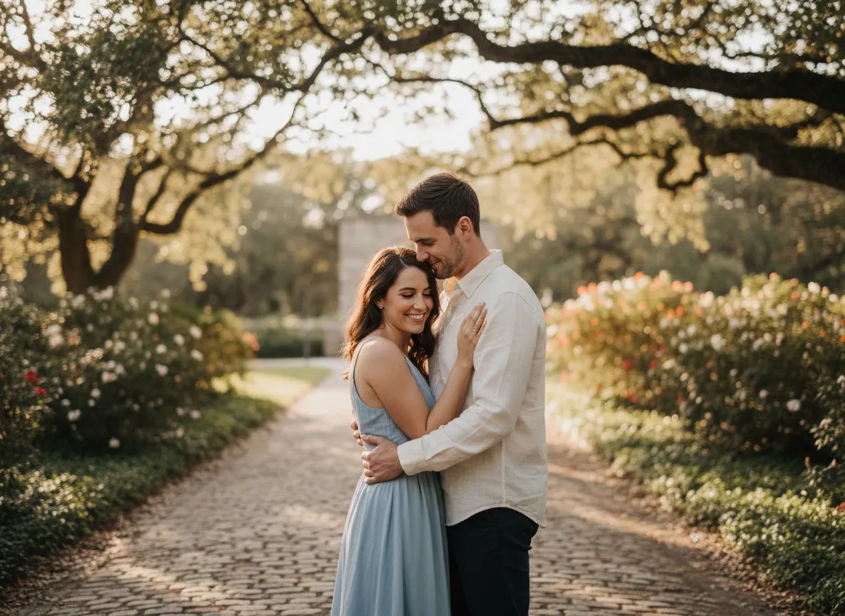 Couple embracing in a garden