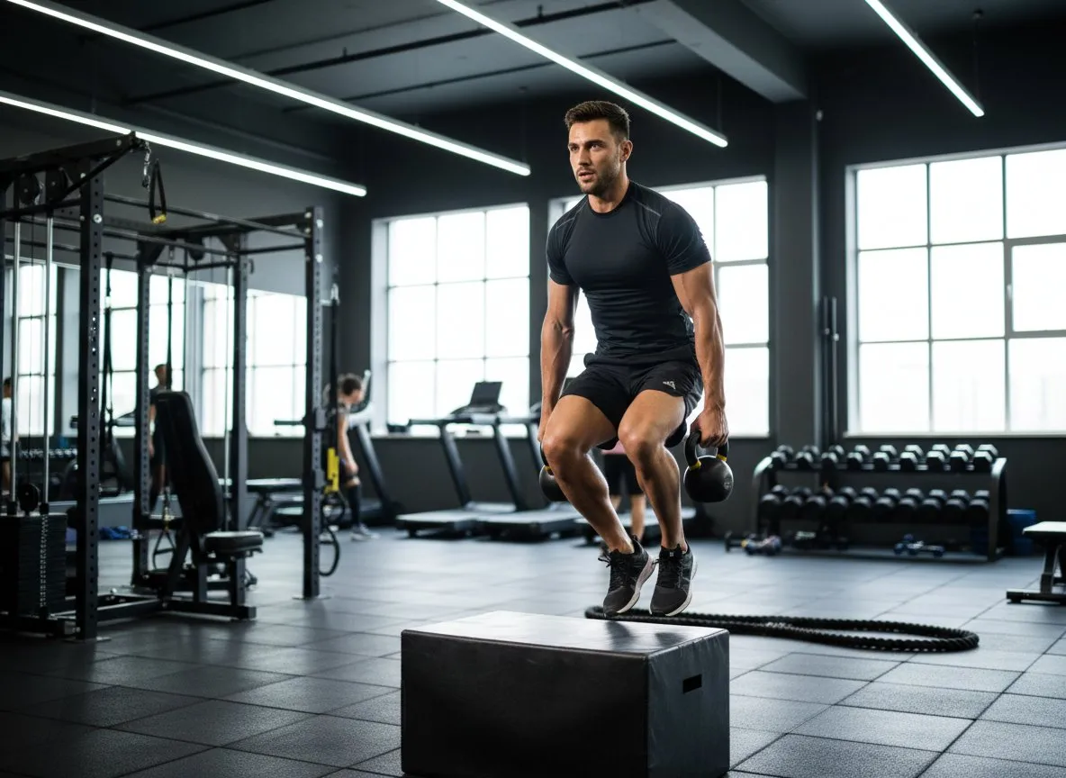 Man doing box jumps in a gym