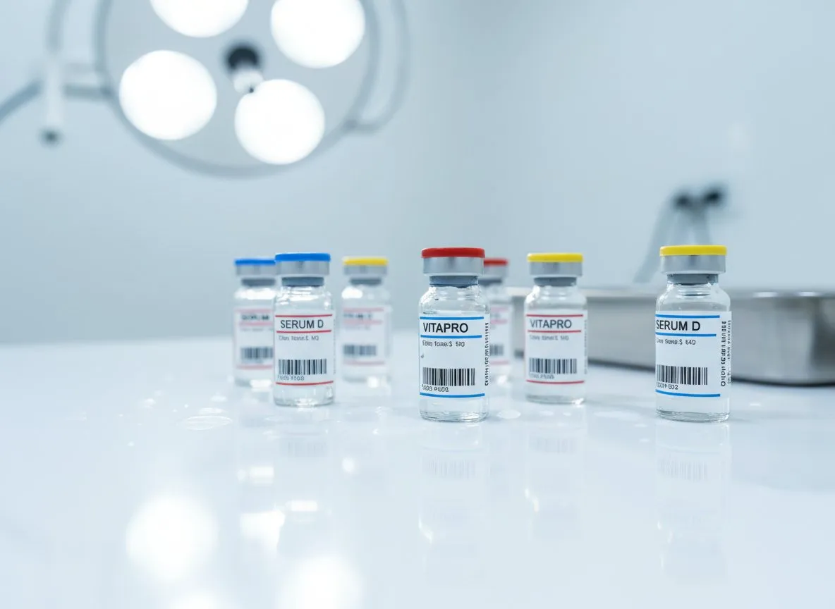 Peptide therapy vials on a clinic counter