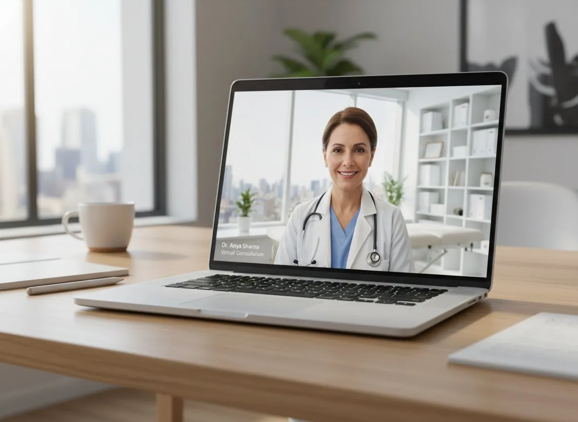Doctor on a telemedicine video call on a laptop